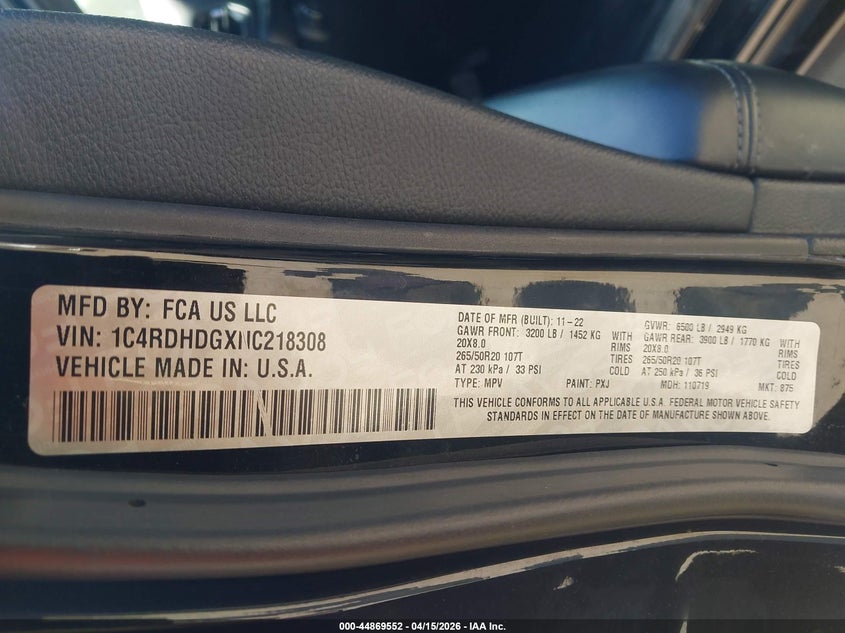 2022 Dodge Durango Gt Plus Rwd VIN: 1C4RDHDGXNC218308 Lot: 44869552