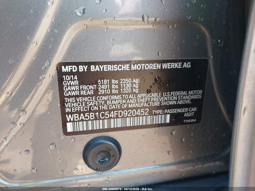2015 BMW 535I VIN: WBA5B1C54FD920452 Lot: 44869576