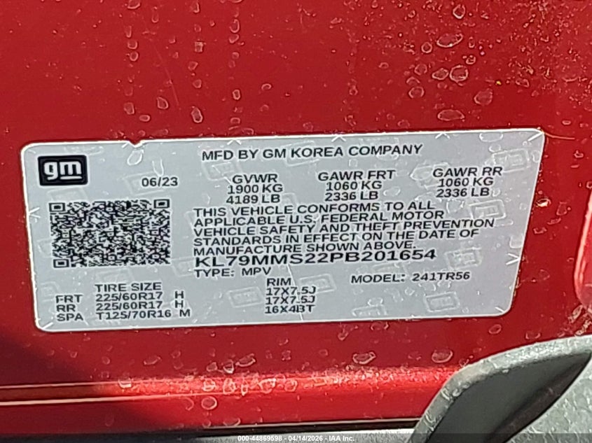 2023 Chevrolet Trailblazer Fwd Ls VIN: KL79MMS22PB201654 Lot: 44869598