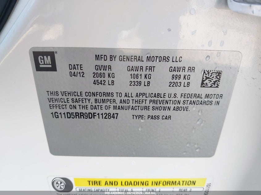 2013 Chevrolet Malibu Eco VIN: 1G11D5RR9DF112847 Lot: 44869603