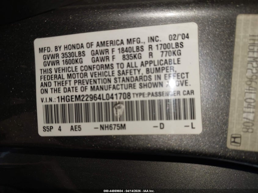 2004 Honda Civic Ex VIN: 1HGEM22964L041708 Lot: 44869604