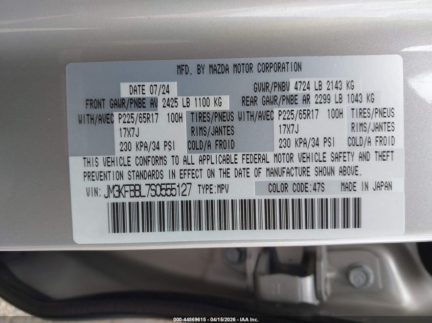 2025 Mazda Cx-5 2.5 S Select VIN: JM3KFBBL7S0555127 Lot: 44869615