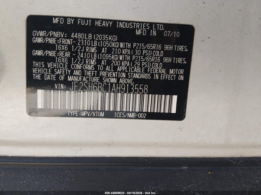 2010 Subaru Forester 2.5X VIN: JF2SH6BC1AH913558 Lot: 44869620