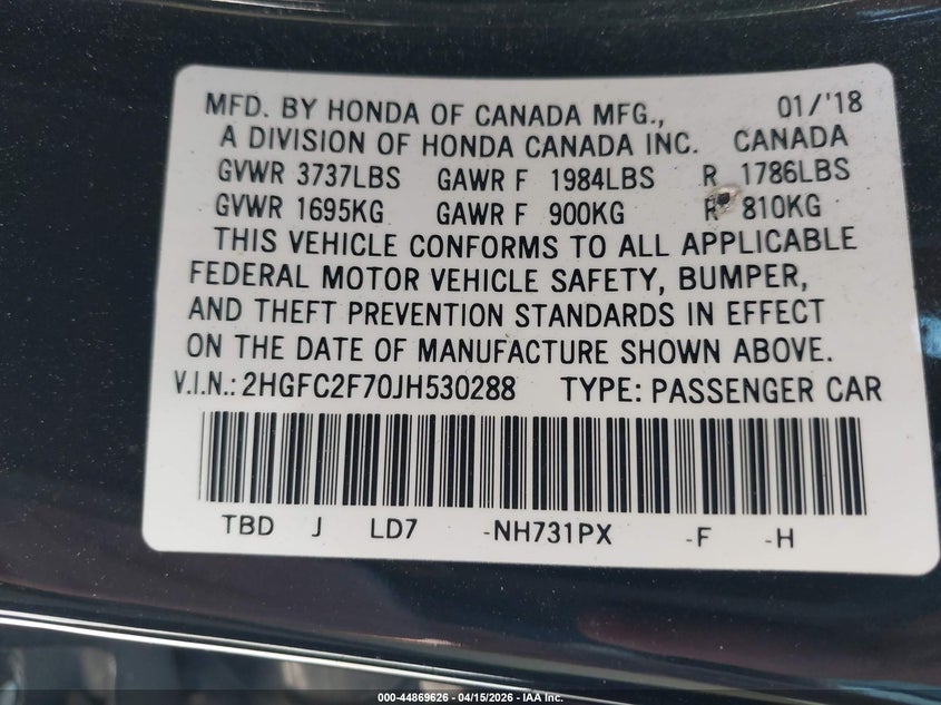 2018 Honda Civic Ex VIN: 2HGFC2F70JH530288 Lot: 44869626