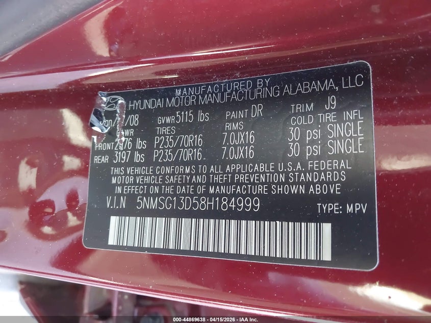 2008 Hyundai Santa Fe Gls VIN: 5NMSG13D58H184999 Lot: 44869638