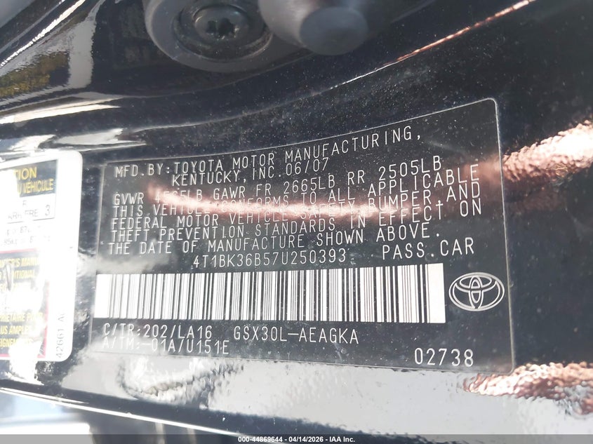 2007 Toyota Avalon Xls VIN: 4T1BK36B57U250393 Lot: 44869644