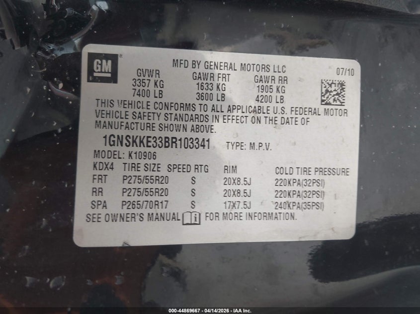 2011 Chevrolet Suburban 1500 Ltz VIN: 1GNSKKE33BR103341 Lot: 44869667