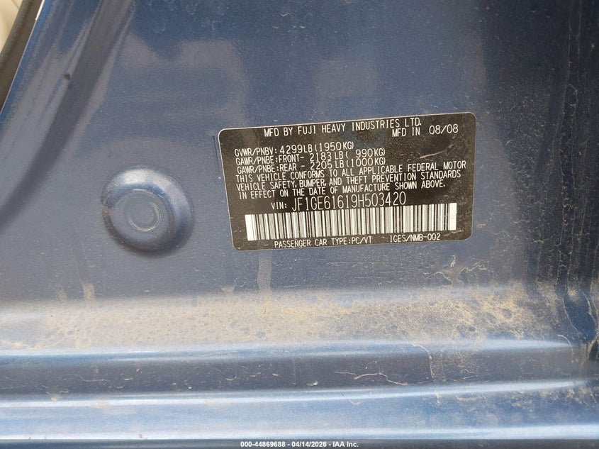 2009 Subaru Impreza 2.5I VIN: JF1GE61619H503420 Lot: 44869688