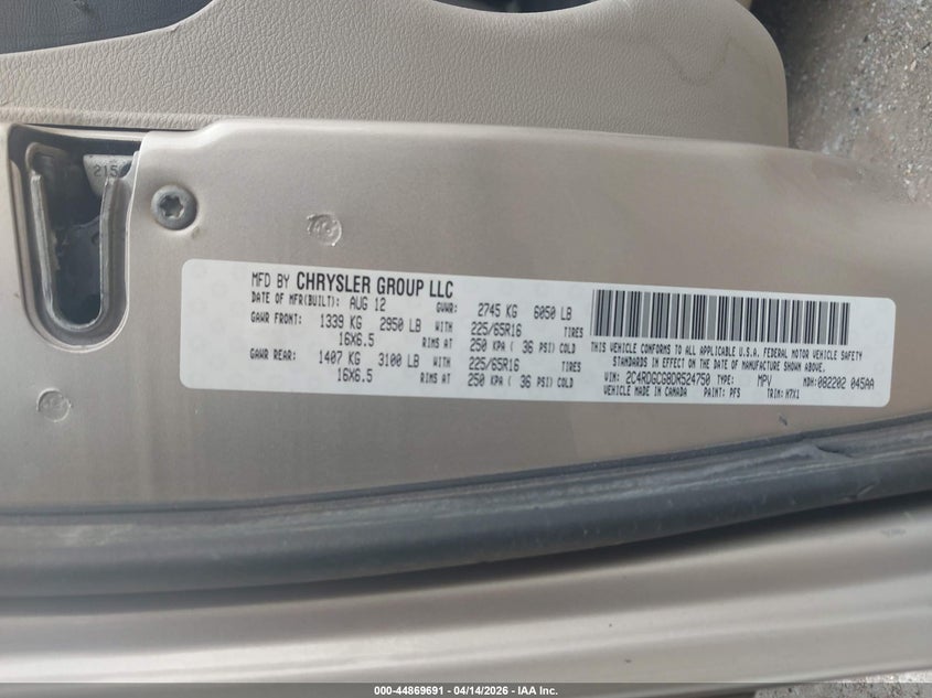 2013 Dodge Grand Caravan Sxt VIN: 2C4RDGCG8DR524750 Lot: 44869691