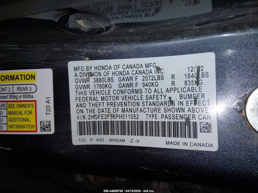 2023 Honda Civic 2.0 Sport grey Lot 111044869700 Vin 2HGFE2F56PH511052