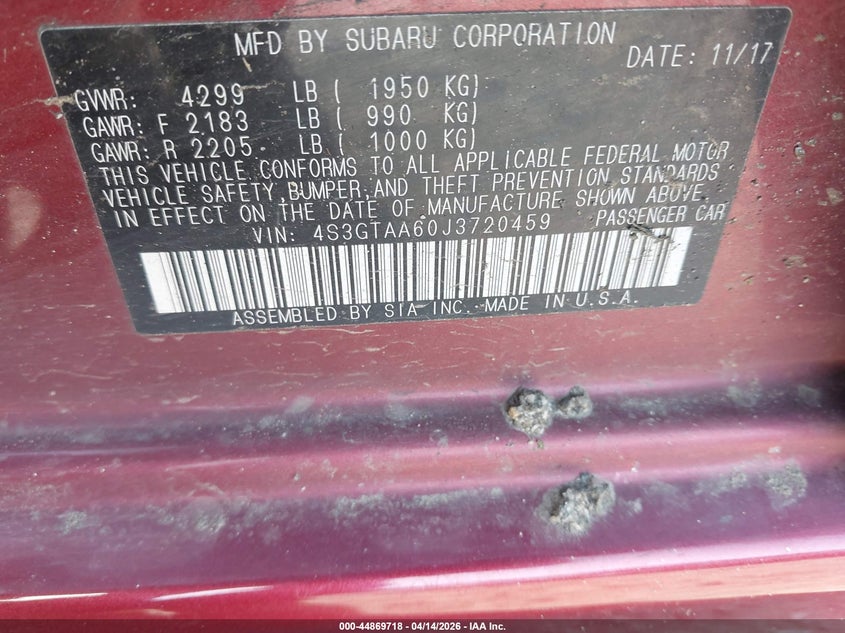 2018 Subaru Impreza 2.0I VIN: 4S3GTAA60J3720459 Lot: 44869718