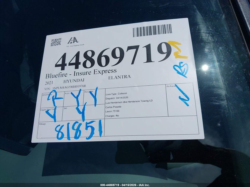 2021 Hyundai Elantra Sel VIN: 5NPLM4AG5MH019768 Lot: 44869719