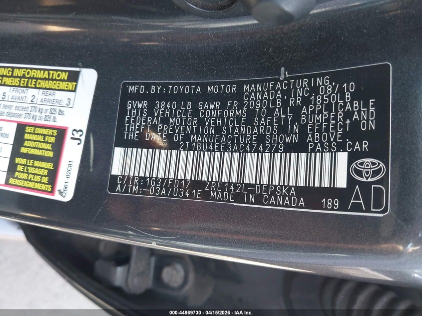 2010 Toyota Corolla S VIN: 2T1BU4EE3AC474279 Lot: 44869730