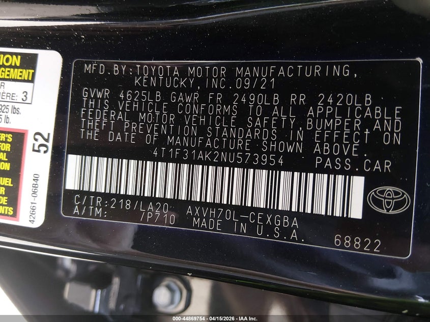 2022 Toyota Camry Xle Hybrid VIN: 4T1F31AK2NU573954 Lot: 44869754