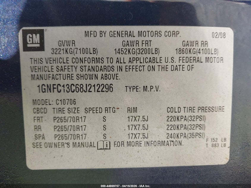 2008 Chevrolet Tahoe Ls VIN: 1GNFC13C68J212296 Lot: 44869757