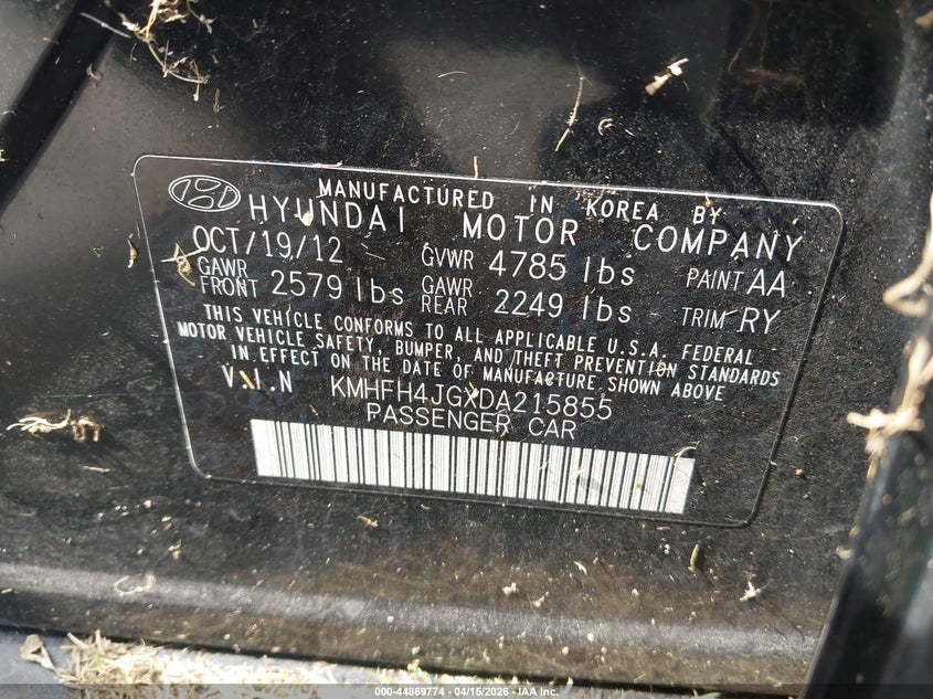 2013 Hyundai Azera VIN: KMHFH4JGXDA215855 Lot: 44869774