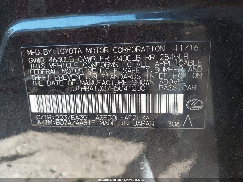 2017 Lexus Is 200T VIN: JTHBA1D27H5041200 Lot: 44869778