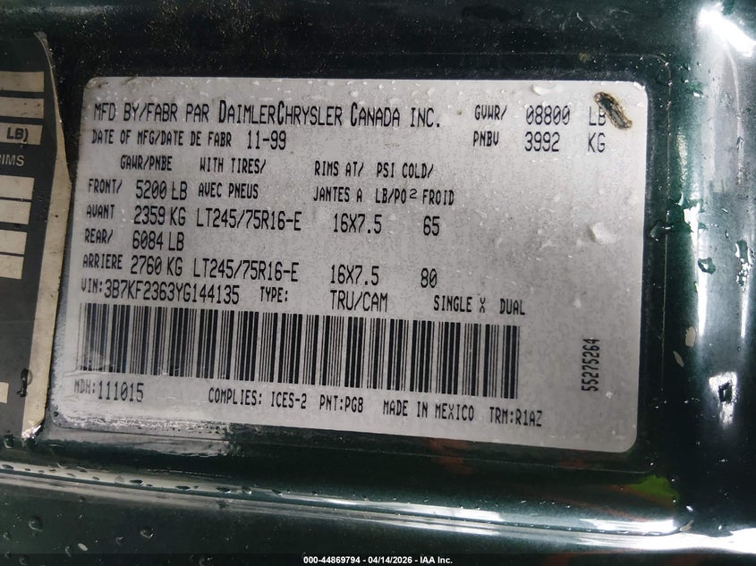 2000 Dodge Ram 2500 St VIN: 3B7KF2363YG144135 Lot: 44869794