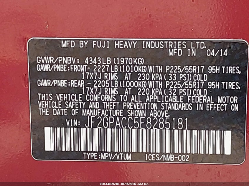 2014 Subaru Xv Crosstrek 2.0I Premium VIN: JF2GPACC5E8285181 Lot: 44869798