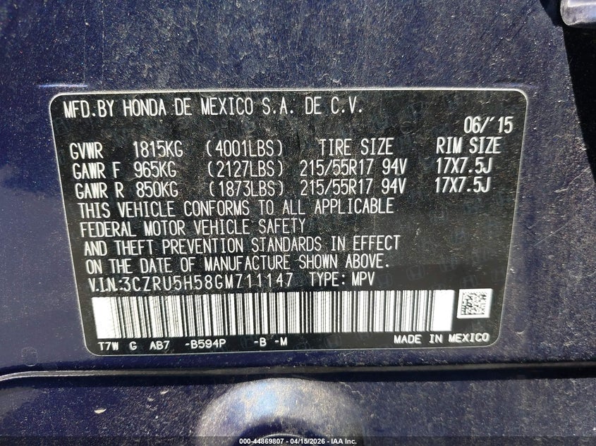 2016 Honda Hr-V Ex VIN: 3CZRU5H58GM711147 Lot: 44869807