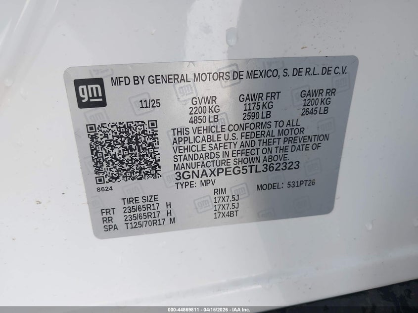 2026 Chevrolet Equinox Awd Lt VIN: 3GNAXPEG5TL362323 Lot: 44869811