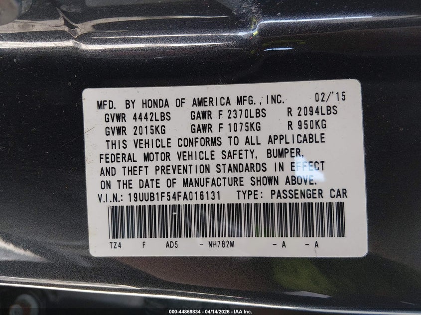 2015 Acura Tlx Tech VIN: 19UUB1F54FA016131 Lot: 44869834