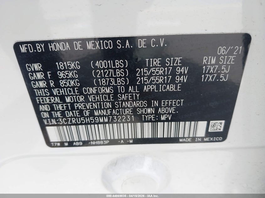 2021 Honda Hr-V 2Wd Ex VIN: 3CZRU5H59MM732231 Lot: 44869835