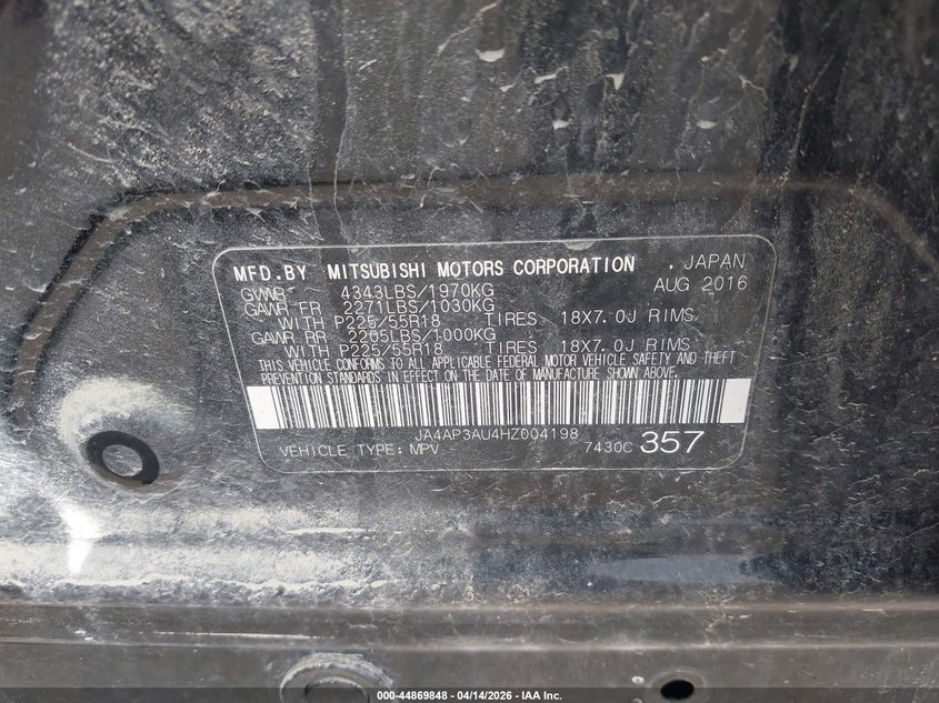 2017 Mitsubishi Outlander Sport 2.0 Es/2.0 Le VIN: JA4AP3AU4HZ004198 Lot: 44869848