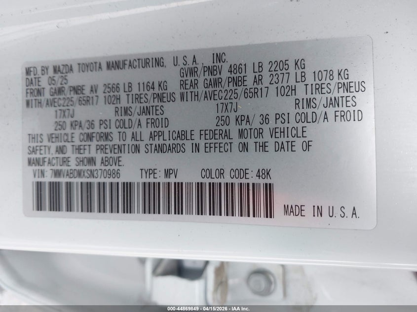 2025 Mazda Cx-50 2.5 S Premium Package VIN: 7MMVABDMXSN370986 Lot: 44869849