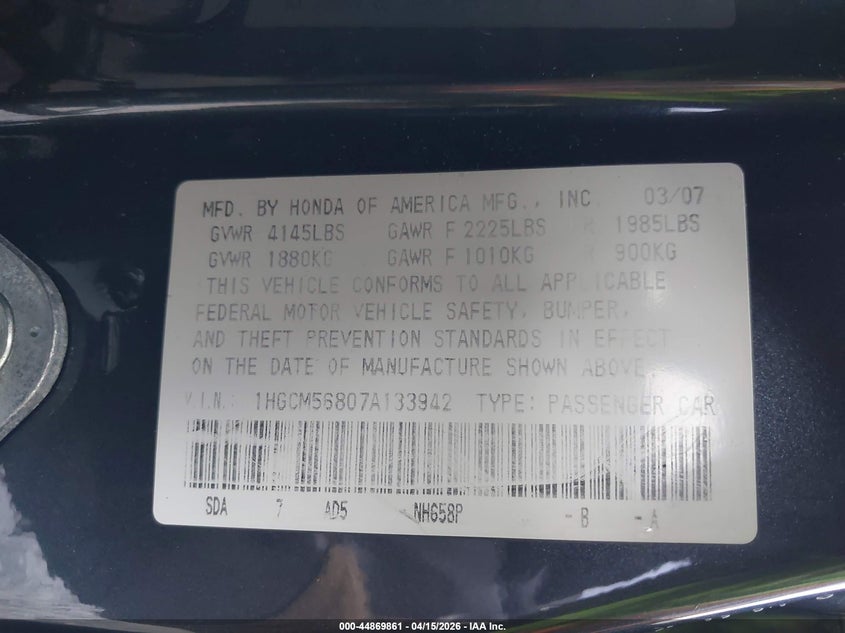 2007 Honda Accord 2.4 Ex VIN: 1HGCM56807A133942 Lot: 44869861