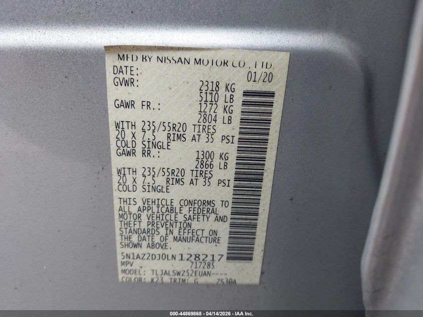 2020 Nissan Murano Platinum Fwd VIN: 5N1AZ2DJ0LN128217 Lot: 44869868