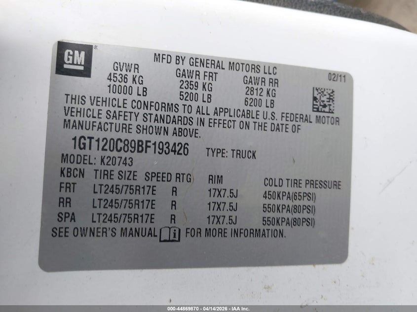 2011 GMC Sierra 2500Hd Sle VIN: 1GT120C89BF193426 Lot: 44869870