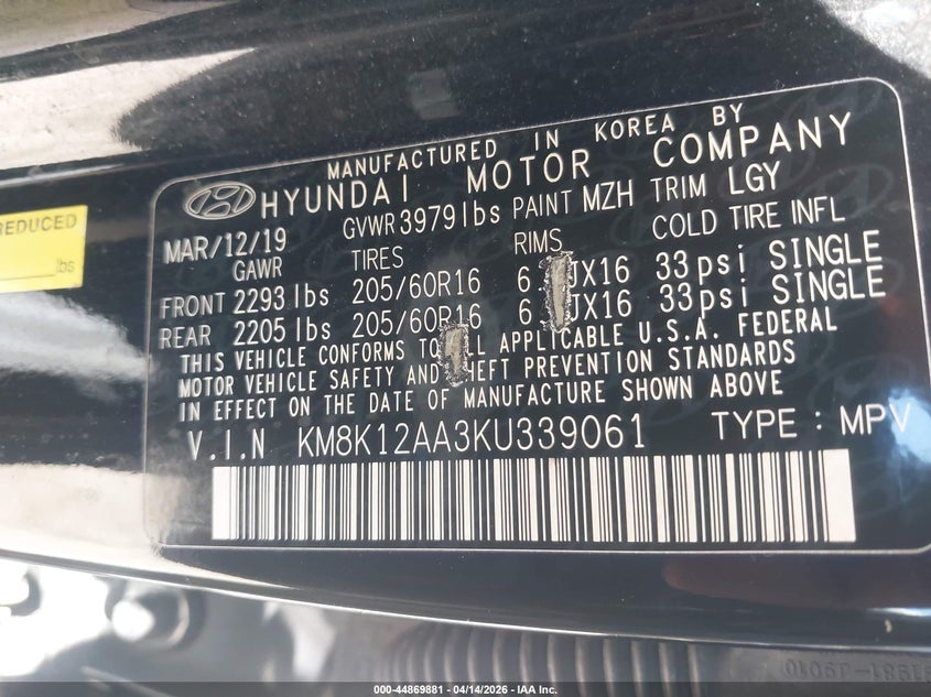 2019 Hyundai Kona Se VIN: KM8K12AA3KU339061 Lot: 44869881