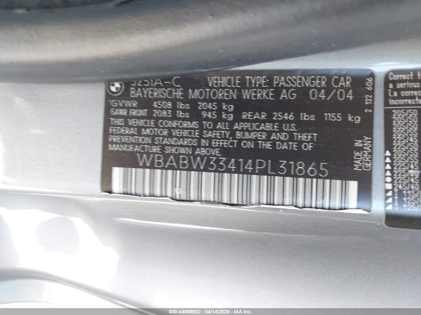 2004 BMW 325Ci VIN: WBABW33414PL31865 Lot: 44869882