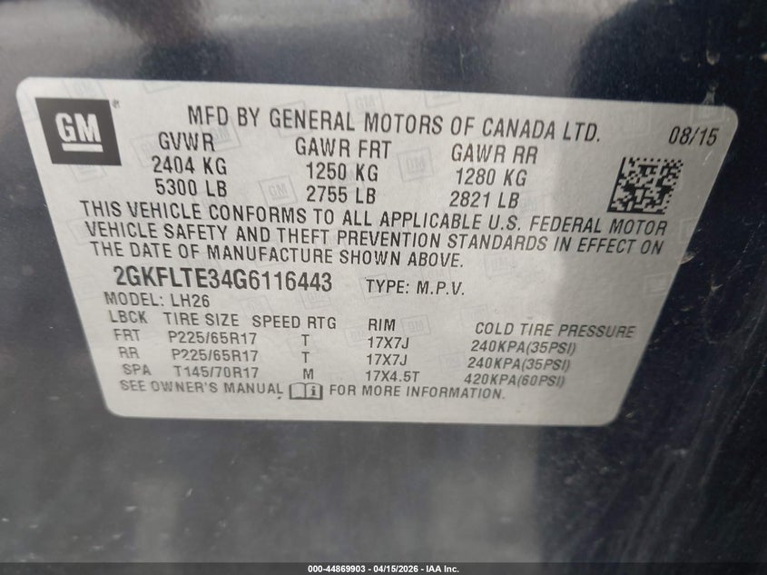 2016 GMC Terrain Sle-2 VIN: 2GKFLTE34G6116443 Lot: 44869903