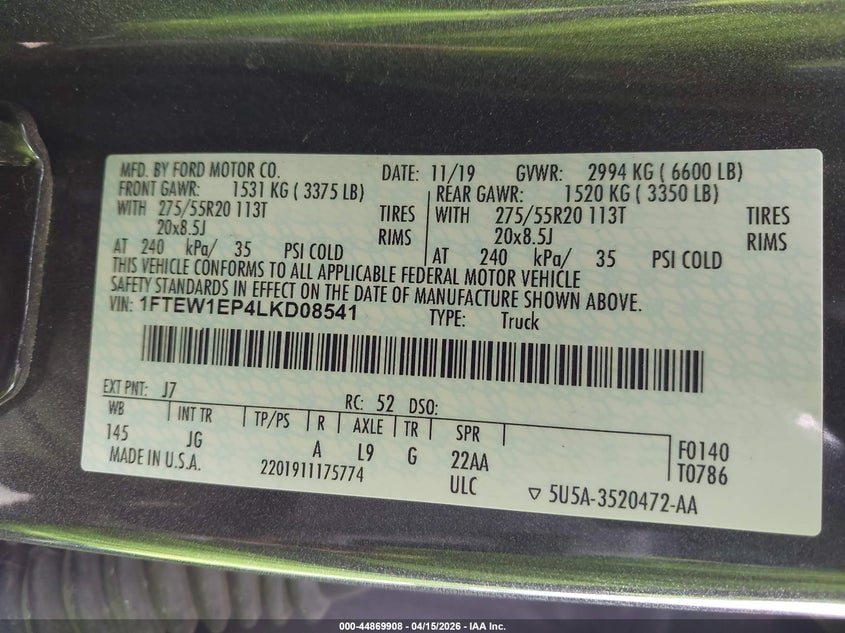 2020 Ford F-150 Xl VIN: 1FTEW1EP4LKD08541 Lot: 44869908