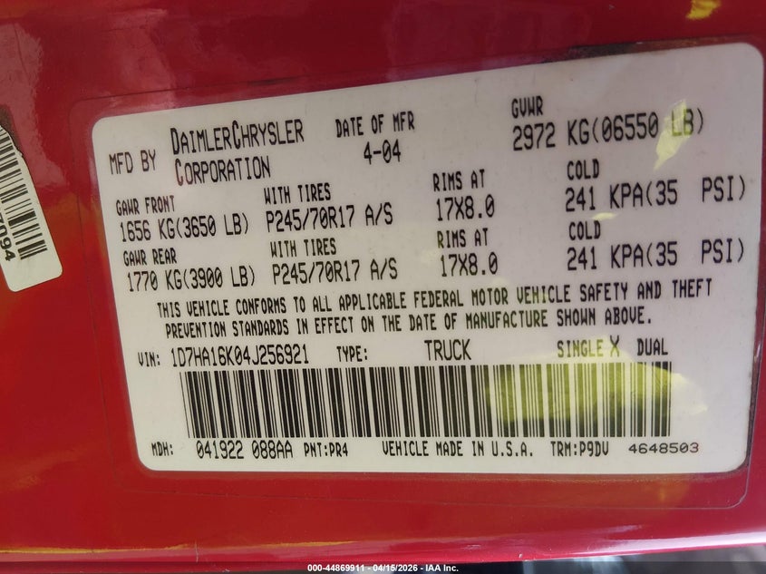 2004 Dodge Ram 1500 St VIN: 1D7HA16K04J256921 Lot: 44869911