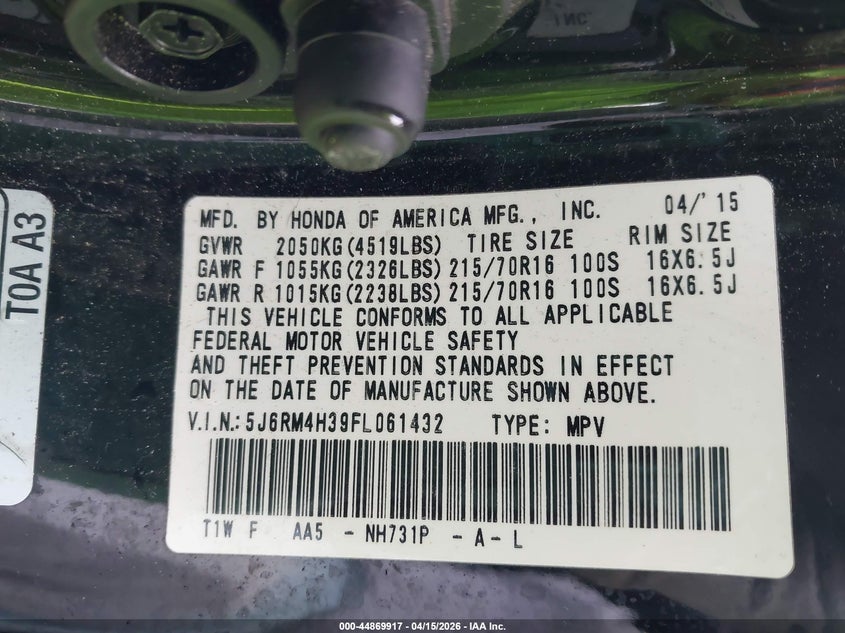 2015 Honda Cr-V Lx VIN: 5J6RM4H39FL061432 Lot: 44869917