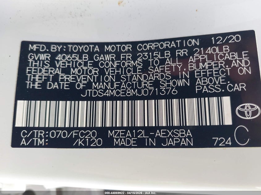 2021 Toyota Corolla Se VIN: JTDS4MCE8MJ071376 Lot: 44869922