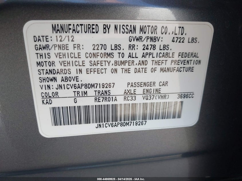 2013 Infiniti G37 Journey VIN: JN1CV6AP8DM719267 Lot: 44869925