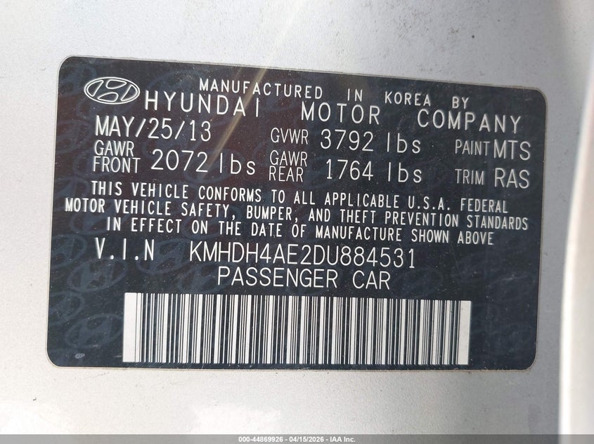 2013 Hyundai Elantra Gls VIN: KMHDH4AE2DU884531 Lot: 44869926