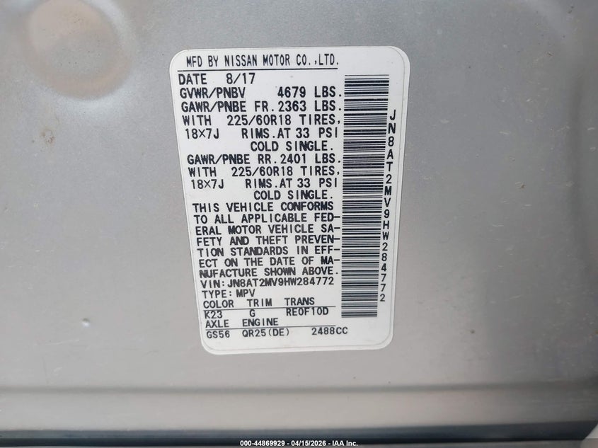 2017 Nissan Rogue Sl VIN: JN8AT2MV9HW284772 Lot: 44869929