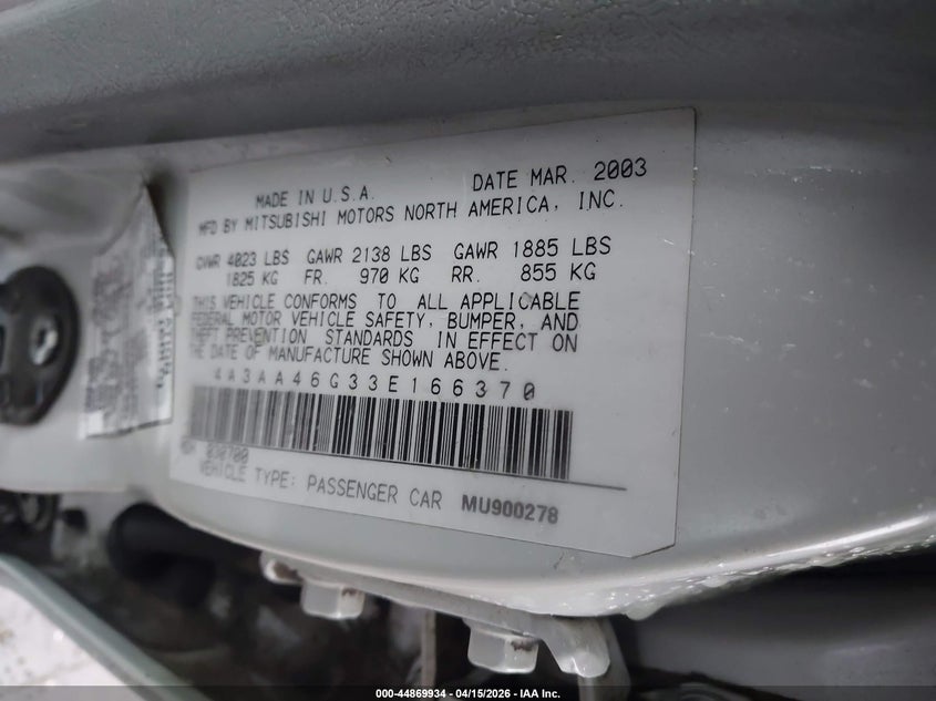 2003 Mitsubishi Galant Es/Ls VIN: 4A3AA46G33E166370 Lot: 44869934