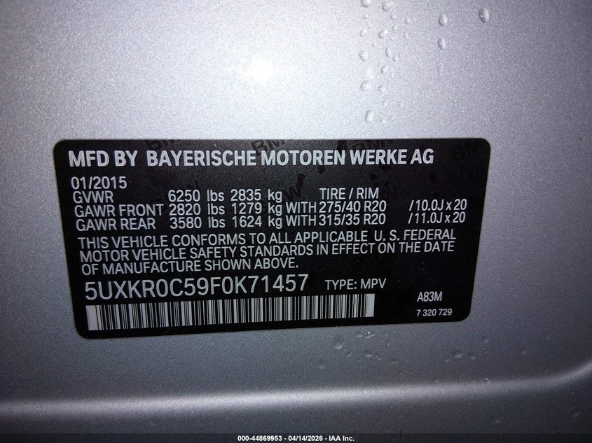 2015 BMW X5 xDrive35I VIN: 5UXKR0C59F0K71457 Lot: 44869953