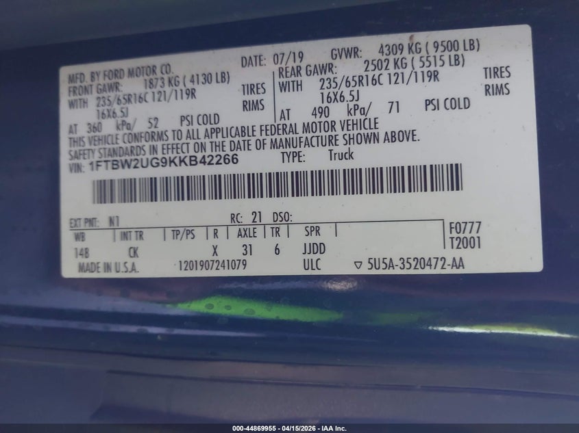 2019 Ford Transit 3.5 -350 blue Lot 111044869955 Vin 1FTBW2UG9KKB42266
