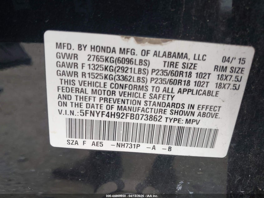 2015 Honda Pilot Touring VIN: 5FNYF4H92FB073862 Lot: 44869958