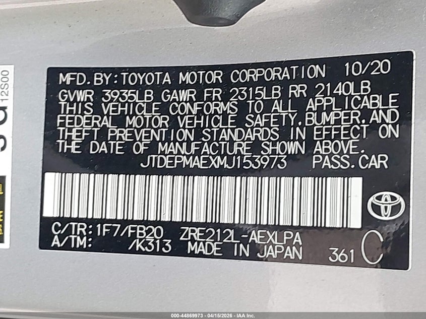 2021 Toyota Corolla Le VIN: JTDEPMAEXMJ153973 Lot: 44869973