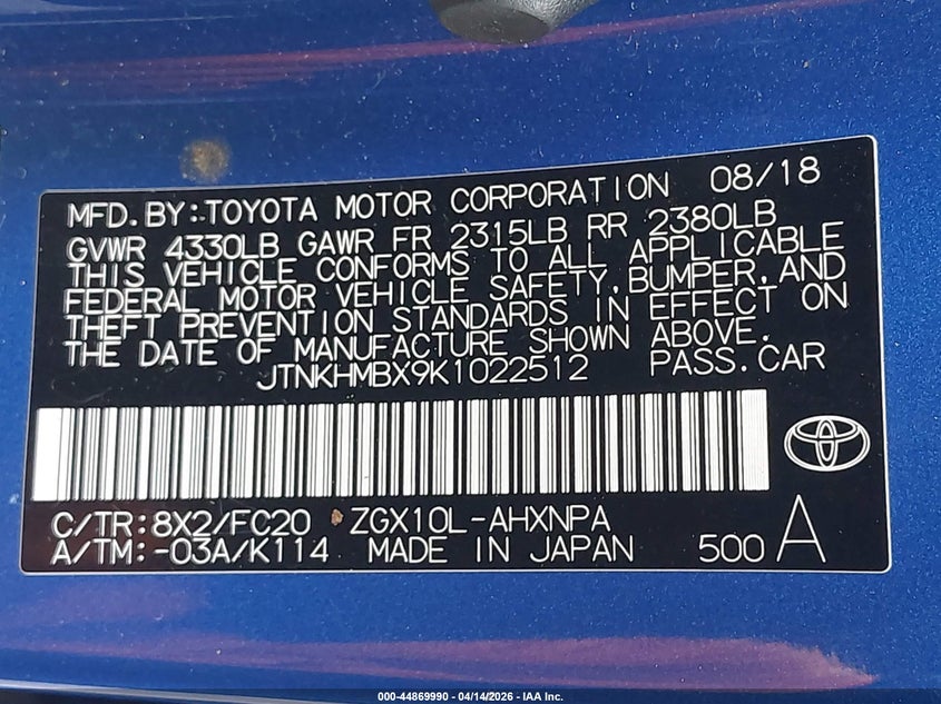 2019 Toyota C-Hr Le VIN: JTNKHMBX9K1022512 Lot: 44869990