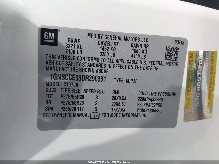 2013 Chevrolet Tahoe 5.3 Ltz white Lot 111044870000 Vin 1GNSCCE08DR290331
