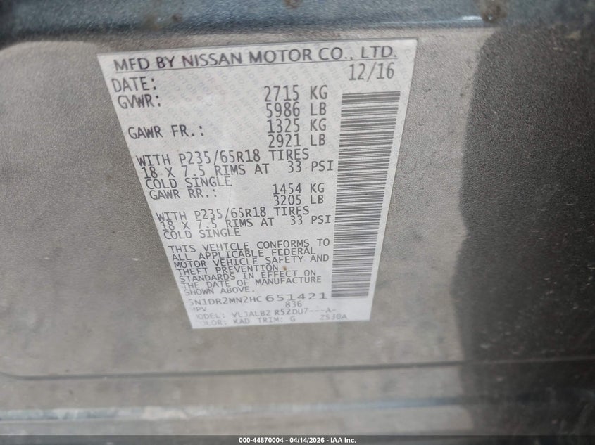 2017 Nissan Pathfinder S VIN: 5N1DR2MN2HC651421 Lot: 44870004